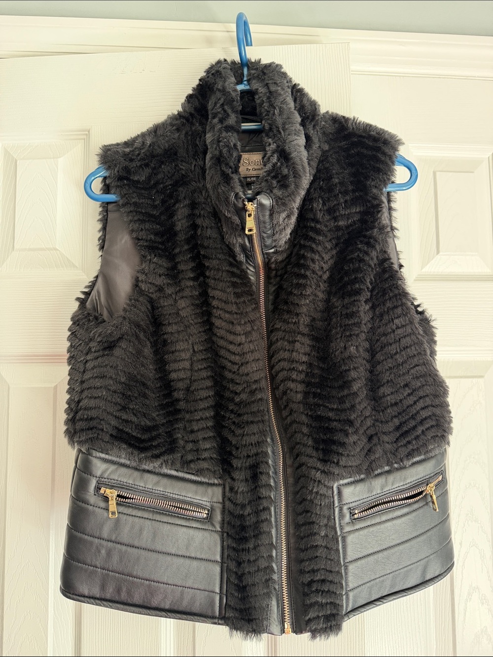 Soft Surroundings Black Faux Fur Vest with Leather Panels